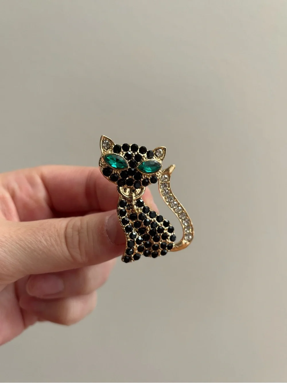 MCM Style Atomic Cat Gold Tone Brooch with Rhinestones
